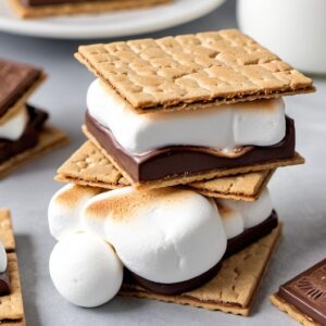 Two huge S'mores sitting on top of each other oozing toasted marshmallows